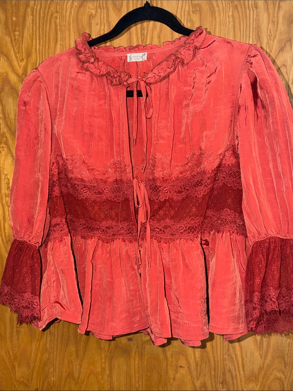 Ruffled Lace-Trim Coral Red Peasant Blouse - Women Tops